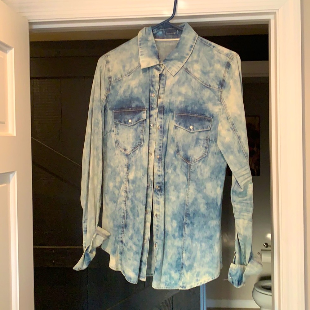 Distressed denim over shirt